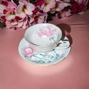 Beautiful 1970s Hand-painted Pink and Green Floral Decorative Tea and Saucer Set